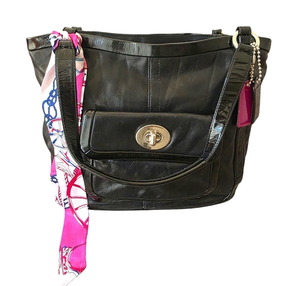 Coach Handbags - COACH Black Leather with Patent Leather Trim Shoulder Bag with Silver Accents